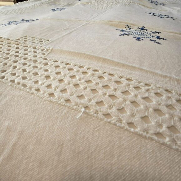 VTG White Cotton Tablecloth Blue Snowflake Embroidery Crochet Open Work 80x56 - Picture 7 of 16